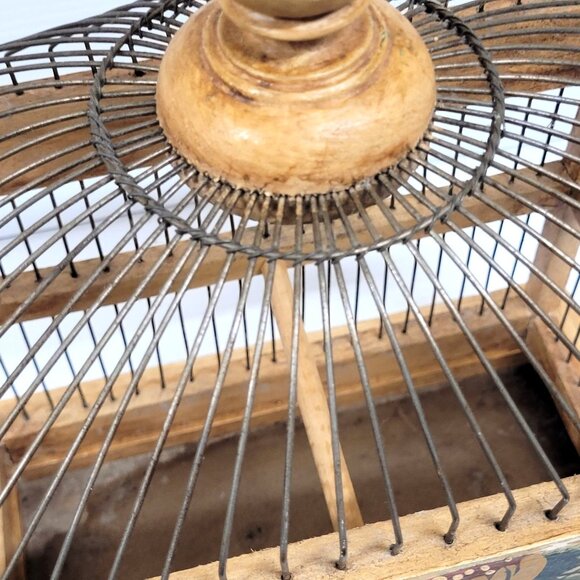 Wood Bird Cage Folk Victorian Tole Painted Flowers Wood Metal Tray Bottom - Picture 8 of 14